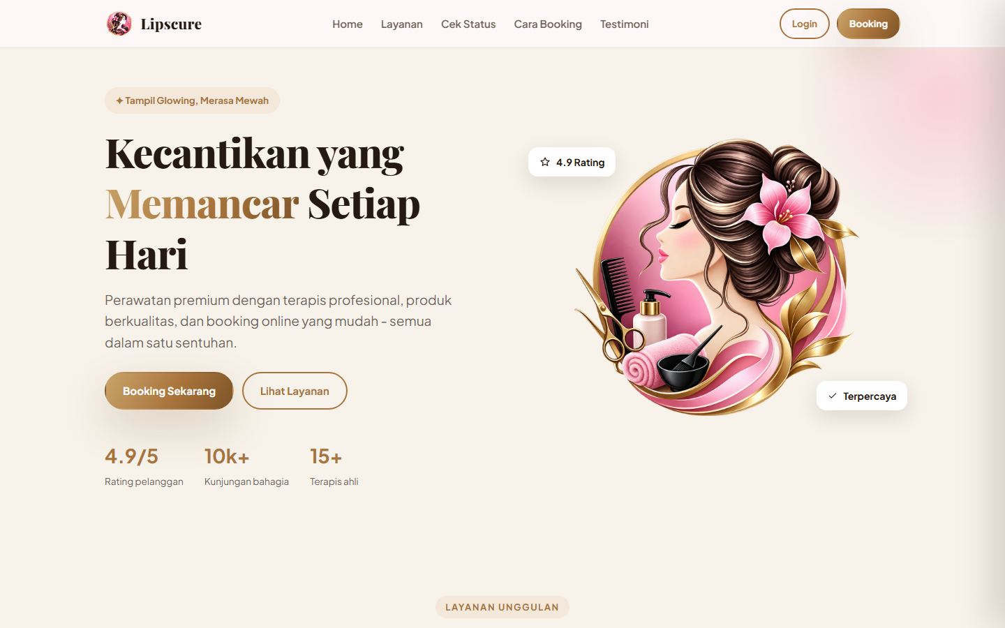 Tampilan antarmuka proyek Website Booking Online Salon Kecantikan Lipscure
