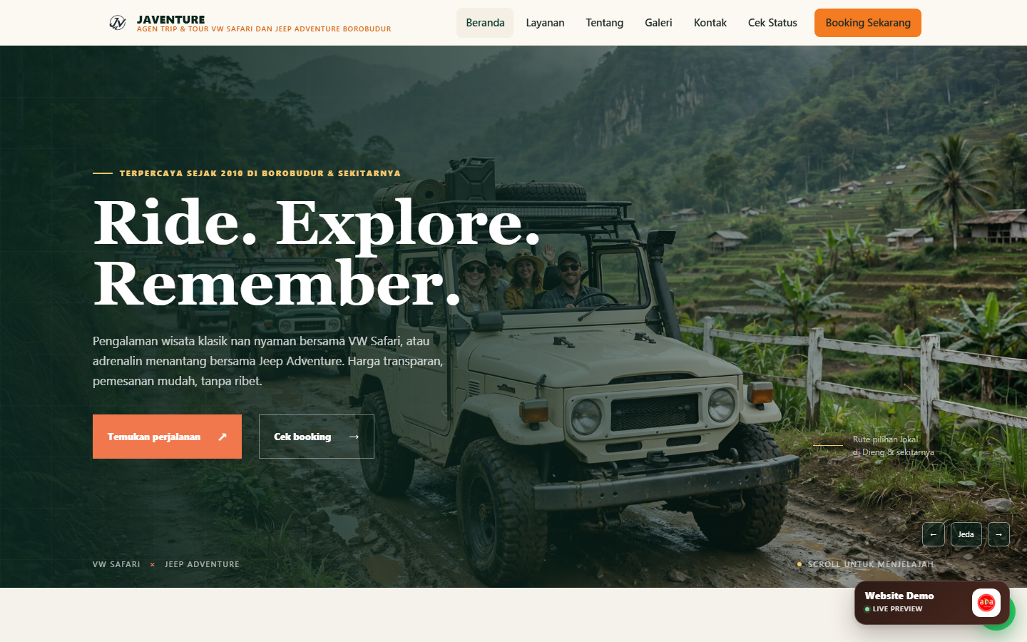 Tampilan antarmuka proyek Website Booking Trip VW Safari & Jeep JAVENTURE