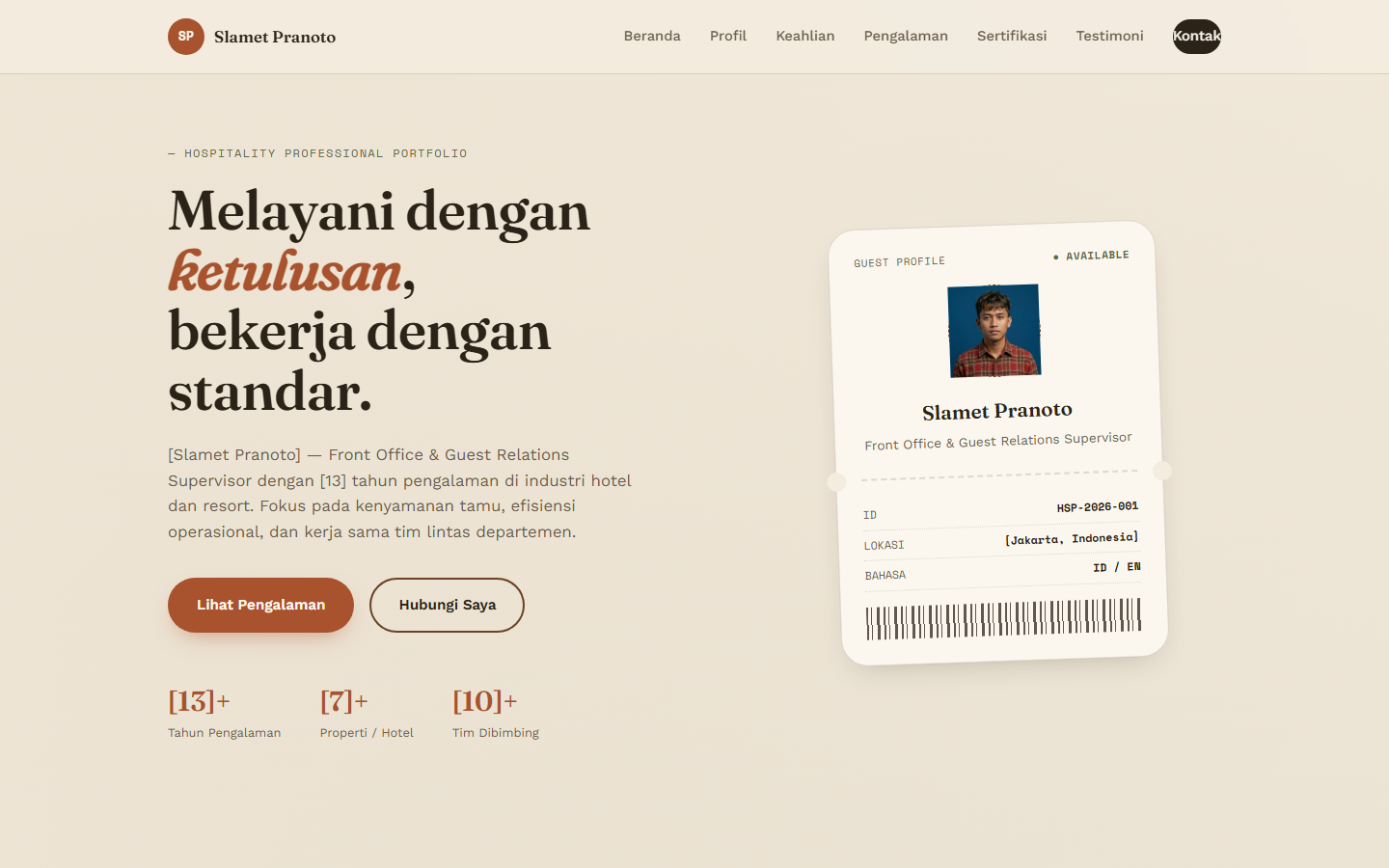 Tampilan antarmuka proyek Website Portfolio Profil Hospitality Slamet Pranoto