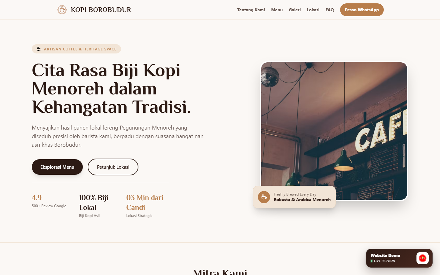 Tampilan antarmuka proyek Website Profile & Menu Digital Kopi Borobudur