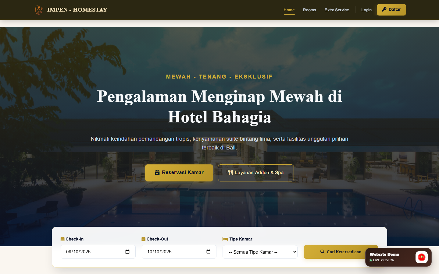 Tampilan antarmuka proyek Website Reservasi Kamar Online Impen Homestay